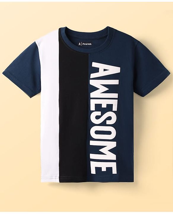 Pine Kids Cotton Knit Half Sleeves Cut & Sew T-Shirt With Awesome Text Print - Navy Blue