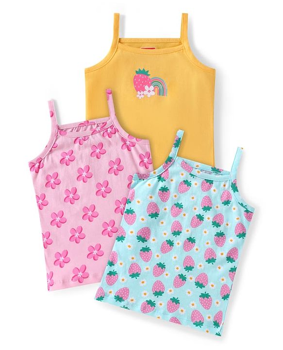 Babyhug 100% Cotton Knit Singlet Sleeves Floral & Strawberry Printed Slips Pack of 3 - Blue Yellow & Pink
