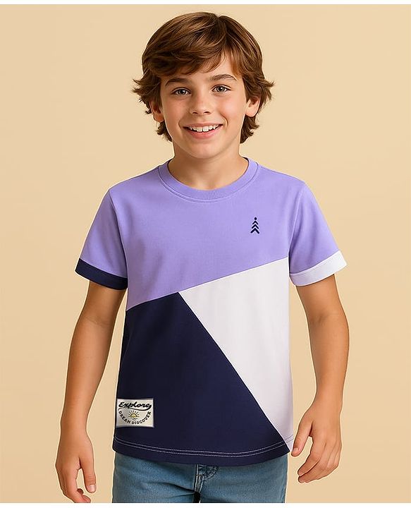 Pine Kids Cotton Knit Half Sleeves Cut & Sew T-Shirt - Navy Blue White & Lavender