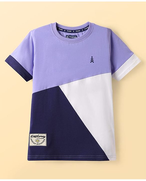 Pine Kids Cotton Knit Half Sleeves Cut & Sew T-Shirt - Navy Blue White & Lavender