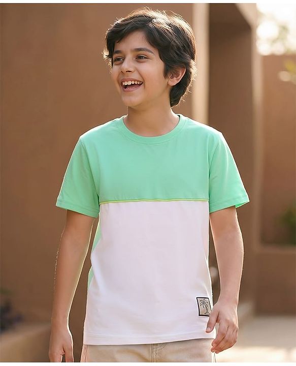 Pine Kids Cotton Knit Half Sleeves Cut & Sew T-Shirt with Patch Detailing - Light Green & White
