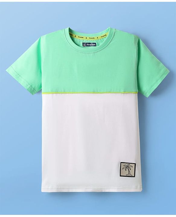 Pine Kids Cotton Knit Half Sleeves Cut & Sew T-Shirt with Patch Detailing - Light Green & White