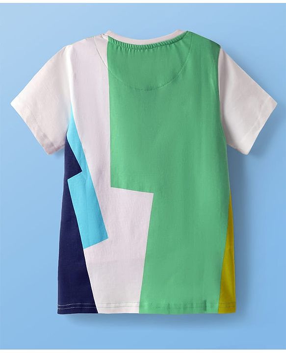 Pine Kids Cotton Knit Half Sleeves Colo Block T-Shirt with Text Print - Green & White