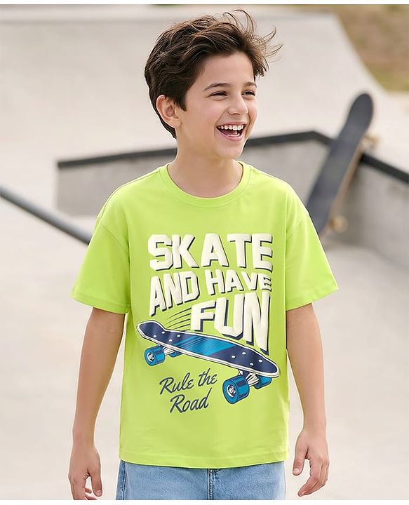 Pine Kids Cotton Knit Half Sleeves T-Shirt with Text Print - Limegreen