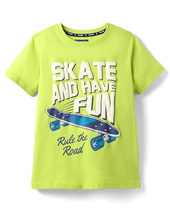 Pine Kids Cotton Knit Half Sleeves T-Shirt with Text Print - Limegreen