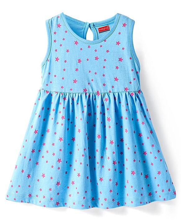 Babyhug Single Jersey Knit Sleeveless Frock With Star Print - Light Blue