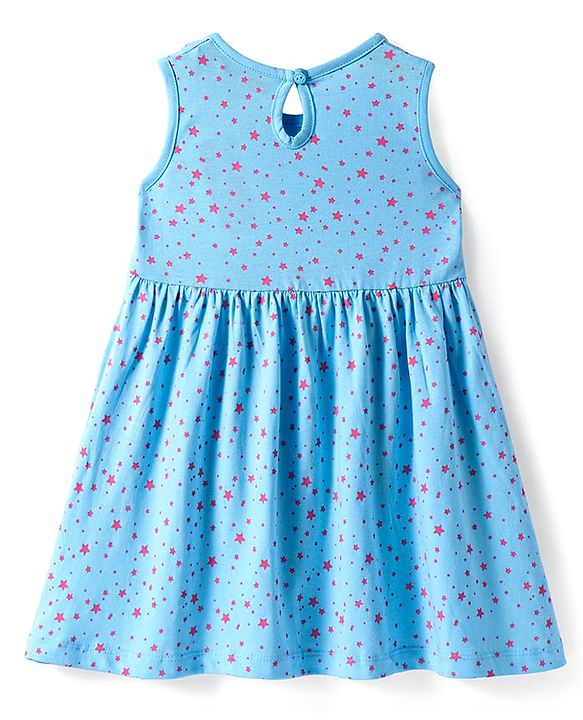 Babyhug Single Jersey Knit Sleeveless Frock With Star Print - Light Blue