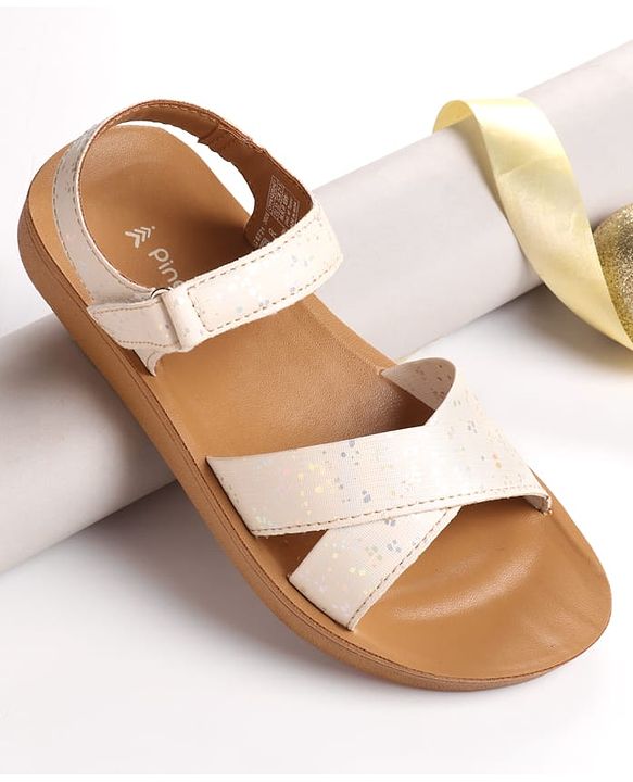 Pine Kids Sandal with Velcro Closure & Glitter Print - Beige
