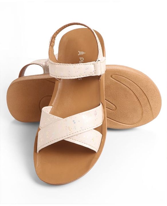 Pine Kids Sandal with Velcro Closure & Glitter Print - Beige