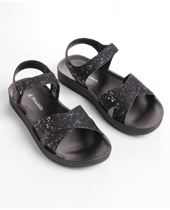 Pine Kids Sandal with Velcro Closure & Glitter Print - Beige