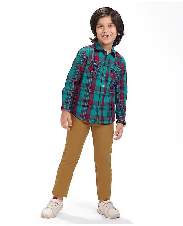 Babyhug Cotton Woven Full Sleeves Checks Shirt & Trouser Set - Teal Blue & Khaki