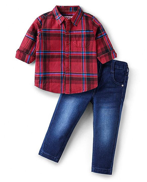Babyhug Cotton Woven Full Sleeves Checkered Shirt & Solid Denim Jeans Set - Red & Blue