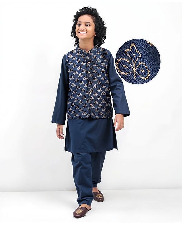 Pine Kids Woven Full Sleeves Kurta Pajama Set With Floral Foil Printed Jacket - Navy Blue