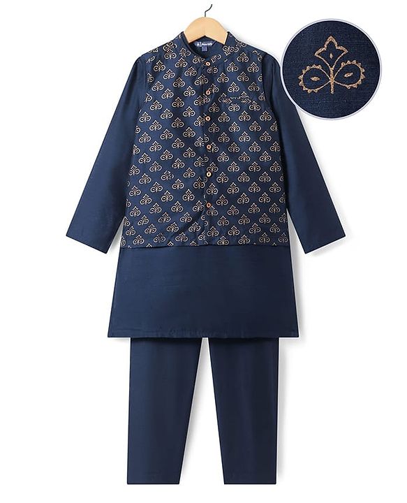 Pine Kids Woven Full Sleeves Kurta Pajama Set With Floral Foil Printed Jacket - Navy Blue