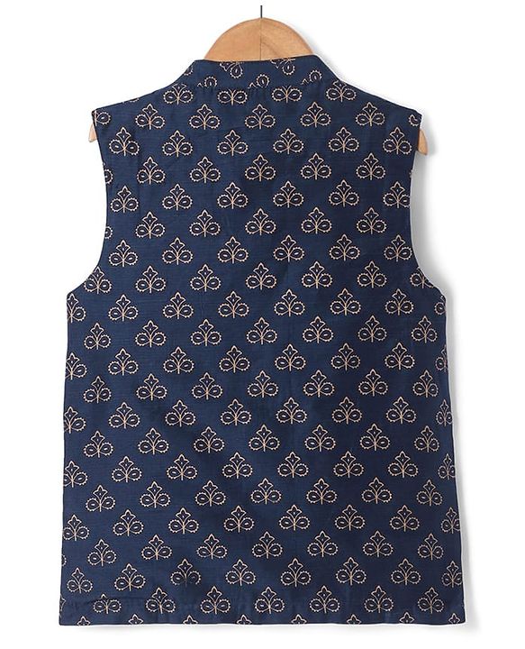 Pine Kids Woven Full Sleeves Kurta Pajama Set With Floral Foil Printed Jacket - Navy Blue