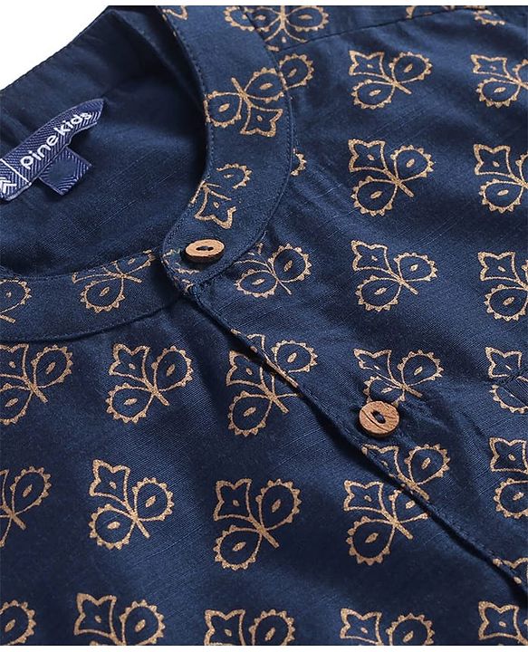Pine Kids Woven Full Sleeves Kurta Pajama Set With Floral Foil Printed Jacket - Navy Blue