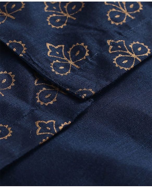 Pine Kids Woven Full Sleeves Kurta Pajama Set With Floral Foil Printed Jacket - Navy Blue