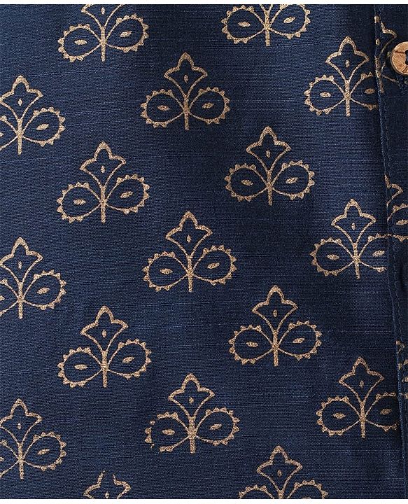 Pine Kids Woven Full Sleeves Kurta Pajama Set With Floral Foil Printed Jacket - Navy Blue