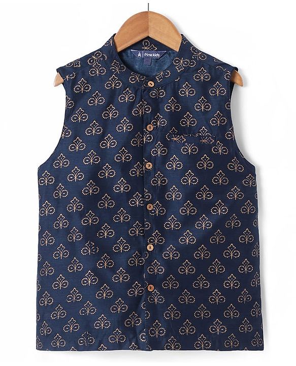 Pine Kids Woven Full Sleeves Kurta Pajama Set With Floral Foil Printed Jacket - Navy Blue