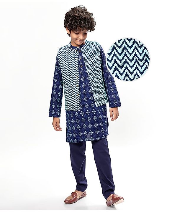 Pine Kids Cotton Woven Full Sleeves Kurta Pyjama Set with Chevron Print Jacket - Blue