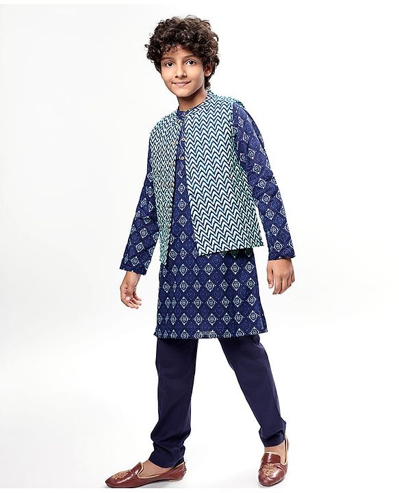 Pine Kids Cotton Woven Full Sleeves Kurta Pyjama Set with Chevron Print Jacket - Blue
