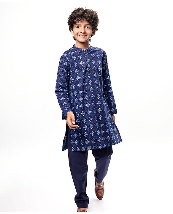 Pine Kids Cotton Woven Full Sleeves Kurta Pyjama Set with Chevron Print Jacket - Blue