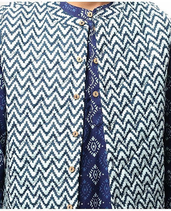 Pine Kids Cotton Woven Full Sleeves Kurta Pyjama Set with Chevron Print Jacket - Blue
