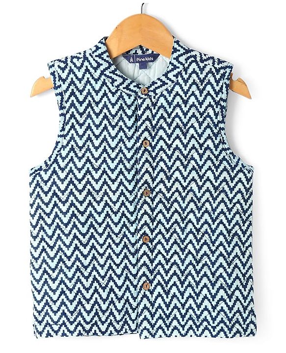 Pine Kids Cotton Woven Full Sleeves Kurta Pyjama Set with Chevron Print Jacket - Blue