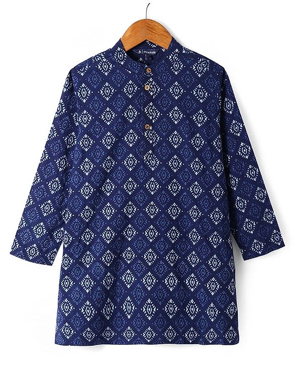 Pine Kids Cotton Woven Full Sleeves Kurta Pyjama Set with Chevron Print Jacket - Blue
