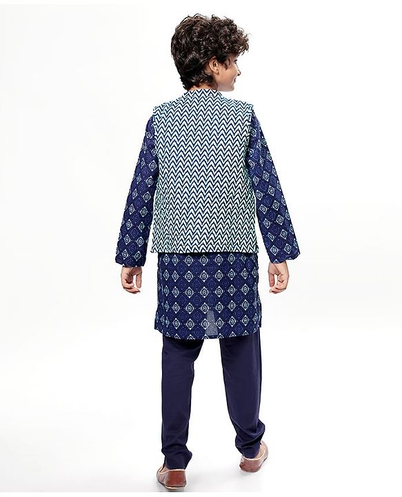 Pine Kids Cotton Woven Full Sleeves Kurta Pyjama Set with Chevron Print Jacket - Blue