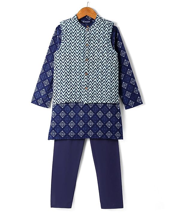 Pine Kids Cotton Woven Full Sleeves Kurta Pyjama Set with Chevron Print Jacket - Blue