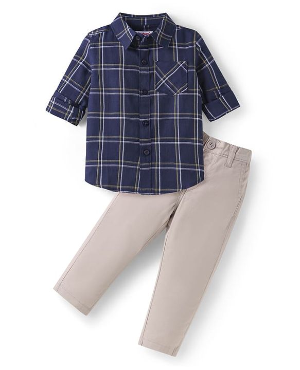 Babyhug Cotton Woven Full Sleeves Checkered Shirt & Solid Trouser Set - Navy Blue & Beige