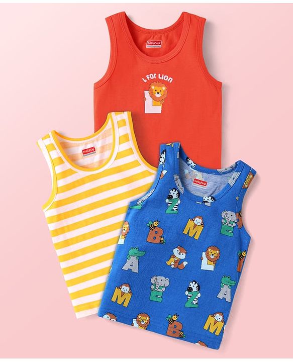 Babyhug Single Jersey Knit Sleeveless Sando Vests with Animal Print & Stripes Pack of 3 - Blue Red & White