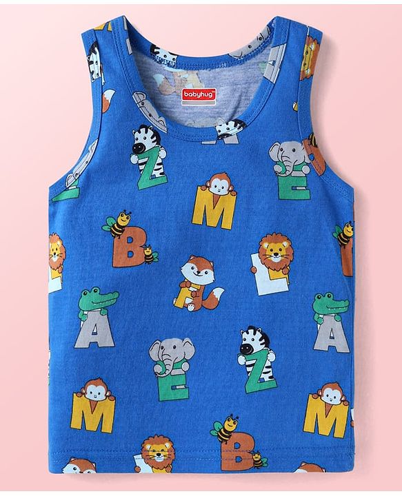 Babyhug Single Jersey Knit Sleeveless Sando Vests with Animal Print & Stripes Pack of 3 - Blue Red & White