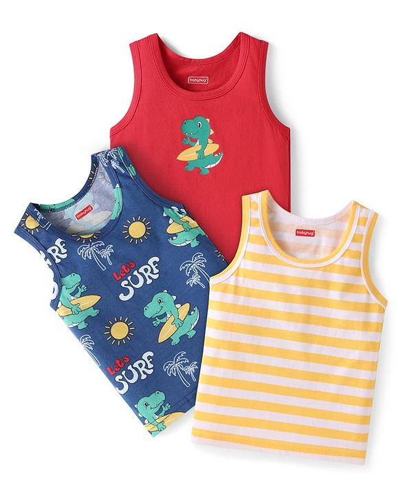 Babyhug 100% Cotton Sleeveless Sandos Striped & Dino Print Pack of 3 - Red Navy Blue Yellow