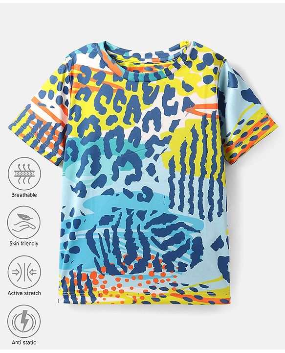 Pine Active Half Sleeves High Stretch T-Shirt Abstract Print - Blue & Yellow
