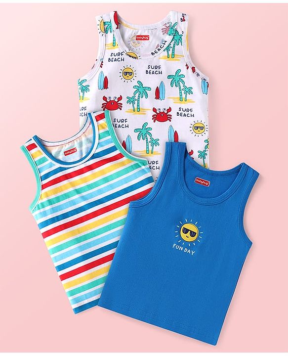 Babyhug Single Jersey Knit Sando Vests With Beach Theme Print Pack of 3 - Blue