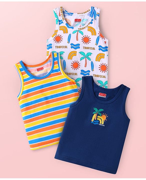 Babyhug Cotton Knit Sleeveless Beach Theme Printed Vests Pack of 3 - Navy Blue Yellow & White