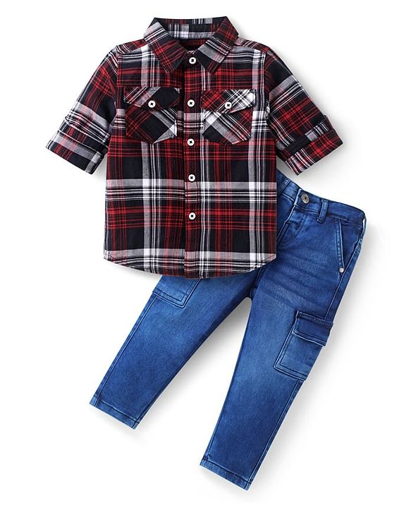 Babyhug Cotton Woven Full Sleeves Checks Shirt & Denim Jeans Set - Red & Blue