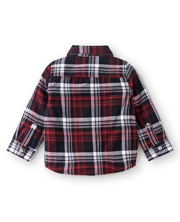 Babyhug Cotton Woven Full Sleeves Checks Shirt & Denim Jeans Set - Red & Blue