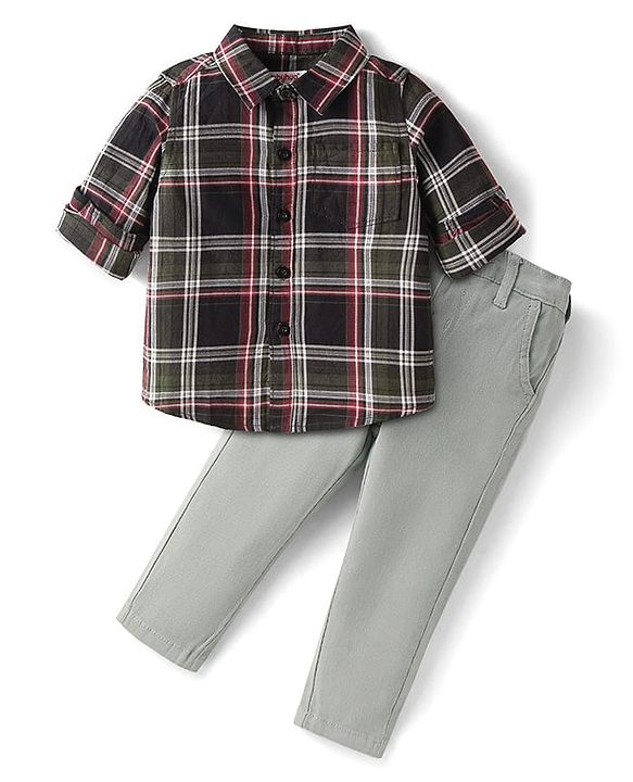 Babyhug Cotton Woven Full Sleeves Checkered Shirt & Solid Denim Jeans Set - Maroon & Olive