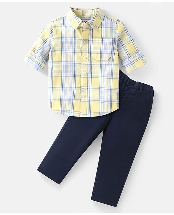Babyhug Cotton Woven Full Sleeves Checks Shirt & Trouser Set - Yellow & Navy Blue