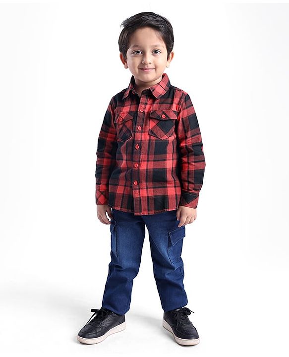 Babyhug Cotton Woven Full Sleeves Checks Shirt & Denim Jeans Set - Red & Blue