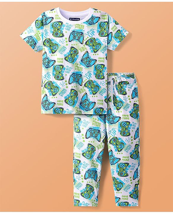 Pine Kids Single Jersey Knit Half Sleeves Night Suit With Gaming Controller Print - White