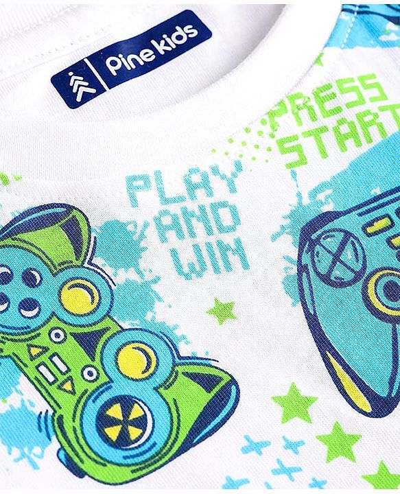 Pine Kids Single Jersey Knit Half Sleeves Night Suit With Gaming Controller Print - White