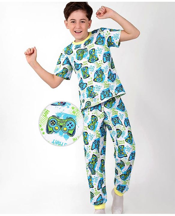 Pine Kids Single Jersey Knit Half Sleeves Night Suit With Gaming Controller Print - White