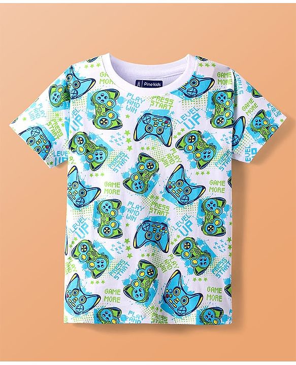 Pine Kids Single Jersey Knit Half Sleeves Night Suit With Gaming Controller Print - White