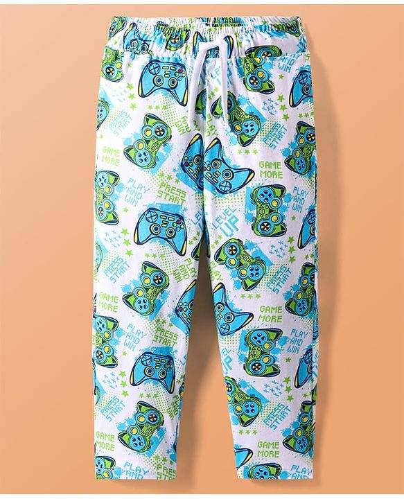 Pine Kids Single Jersey Knit Half Sleeves Night Suit With Gaming Controller Print - White