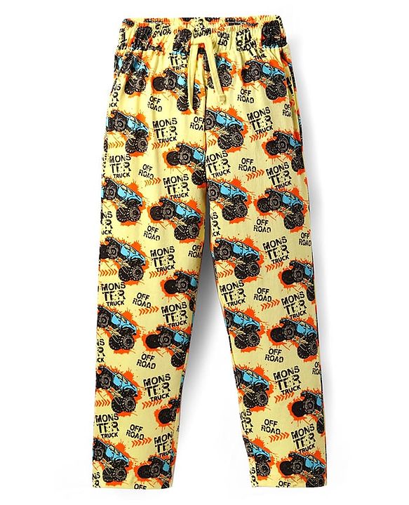 Pine Kids Single Jersey Knit Half Sleeves Night Suit with Monster Truck Print - Yellow
