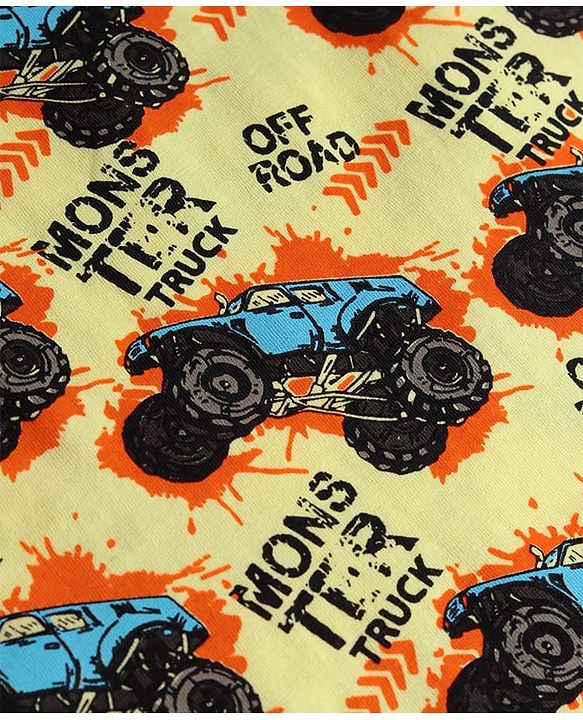 Pine Kids Single Jersey Knit Half Sleeves Night Suit with Monster Truck Print - Yellow